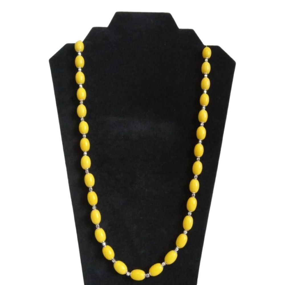 Yellow and Silver Toned Alternating Plastic Beads Long Length Layering Necklace